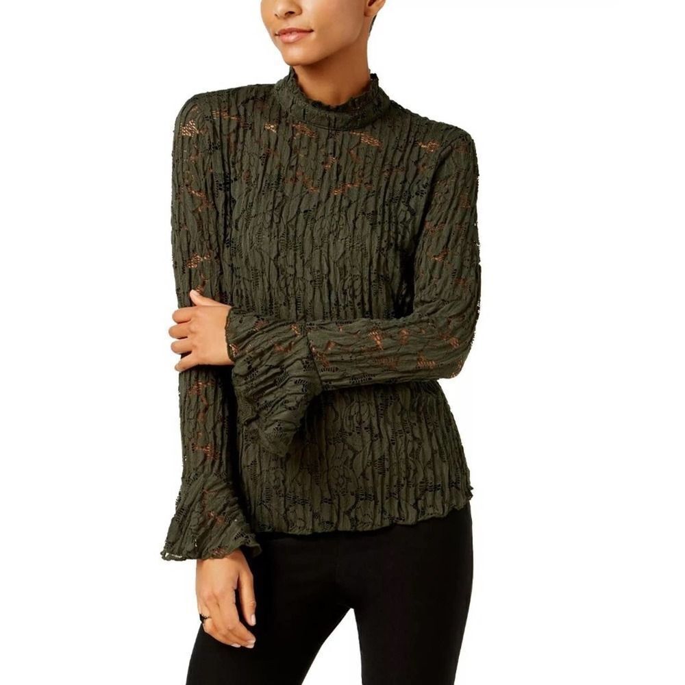 JOHNPAULDAVID Mock-neck Lace Top Olive Small